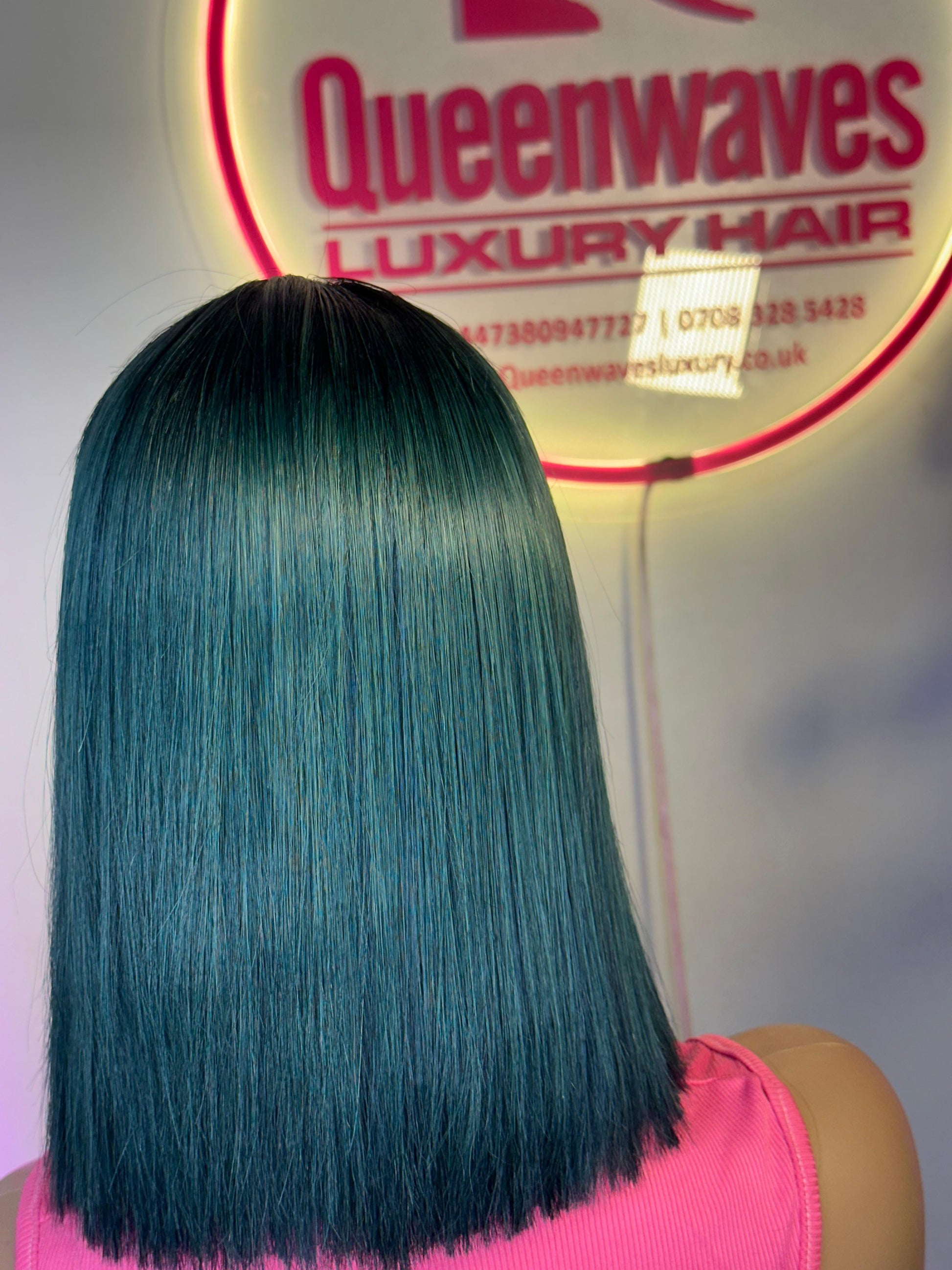 12” Emerald Green Straight Bob Wig – Black Root, 180g, 100% Human Hair