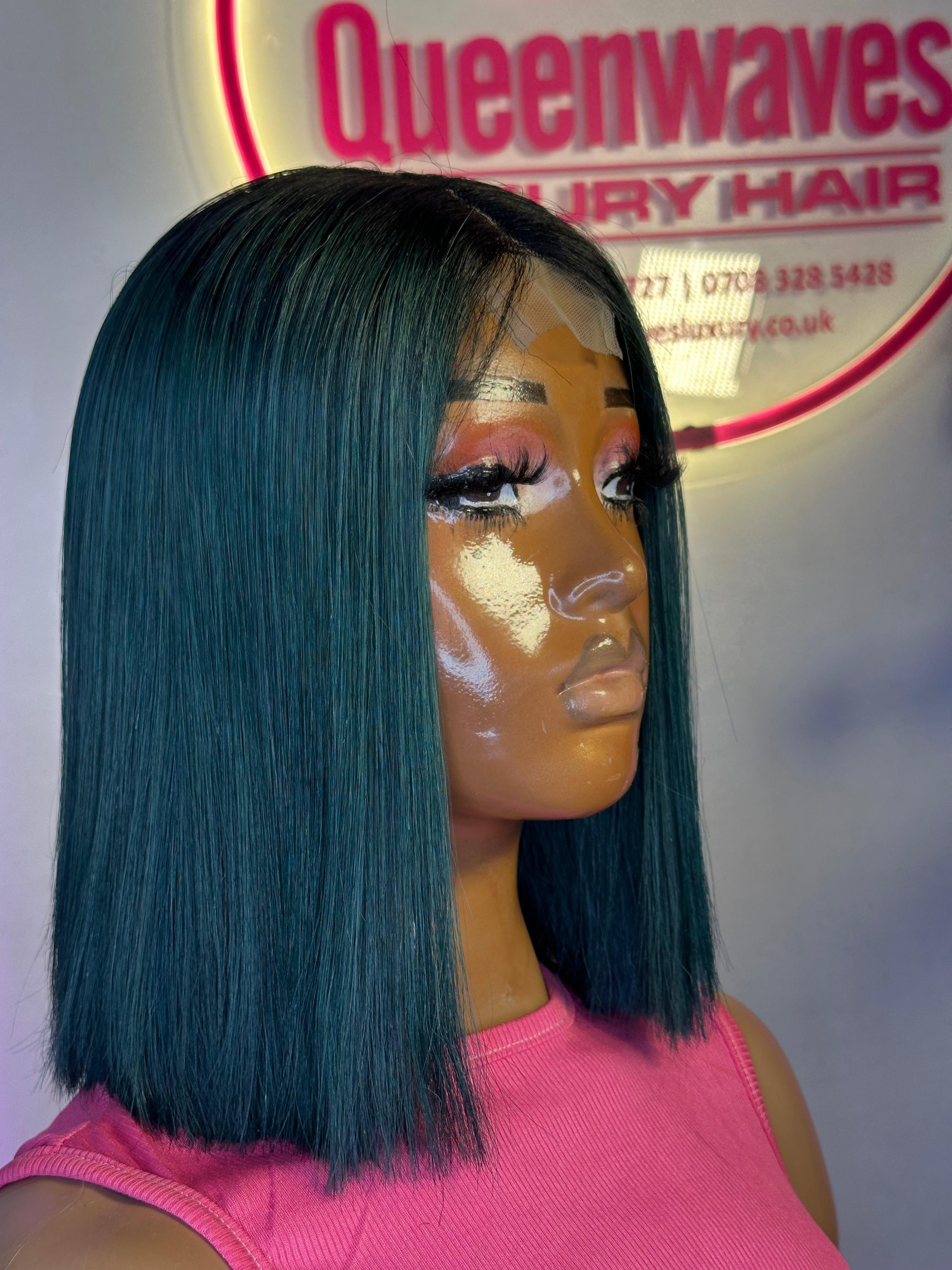 12” Emerald Green Straight Bob Wig – Black Root, 180g, 100% Human Hair