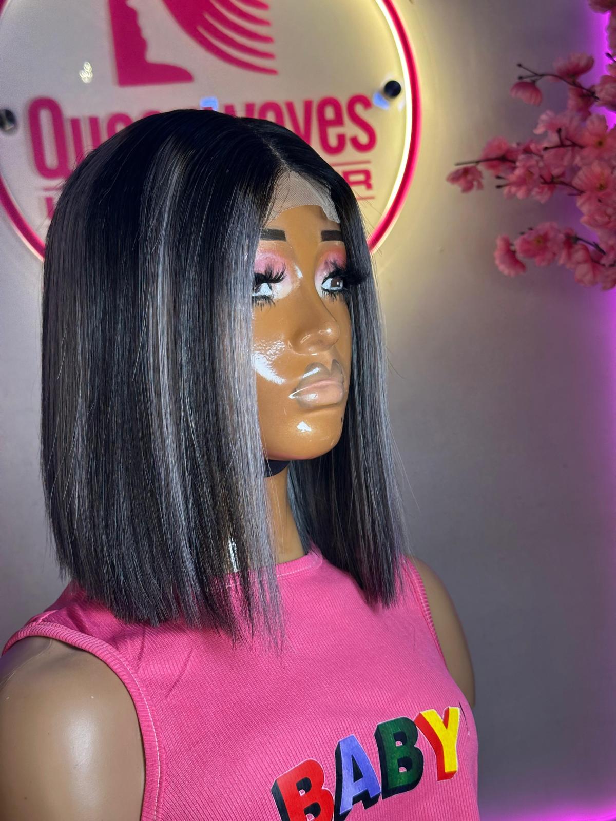 Sleek Bob Lace Wig – Natural Black with Ash Highlights | 100% human hair