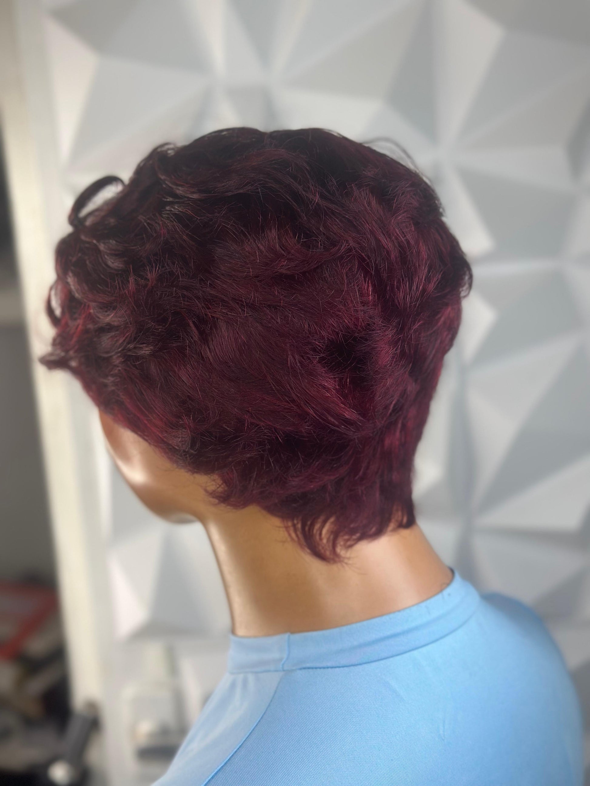 Sleek Tapered Pixie Wig – Burgundy, 100% Human Hair