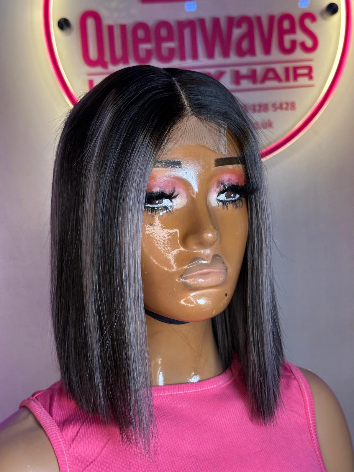Sleek Bob Lace Wig – Natural Black with Ash Highlights | 100% human hair