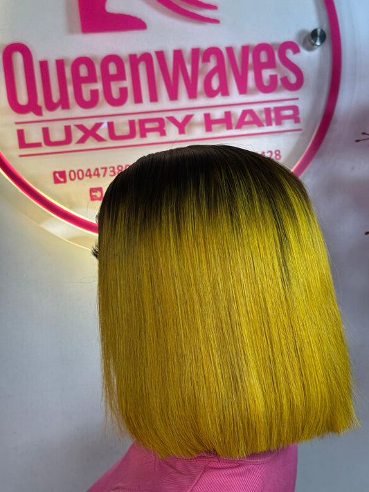 12” Yellow-Brown Ombré Closure Wig – Bone Straight | 100% Human Hair
