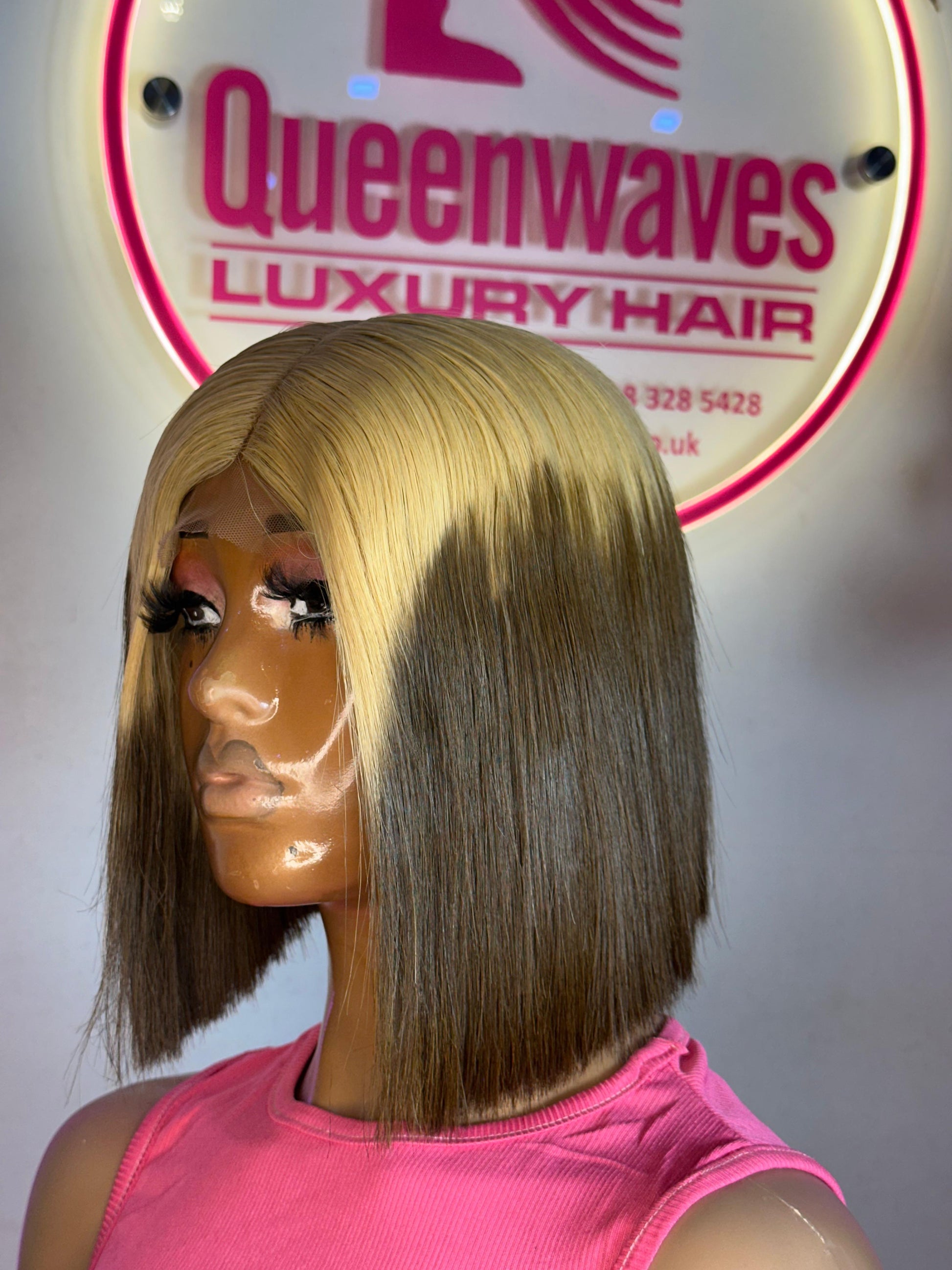 Blonde & Brown Blunt Cut Bob – 8” Bone Straight Wig