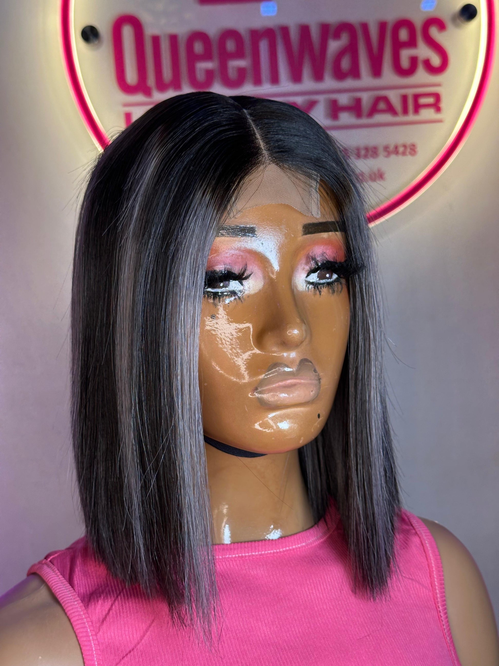 Sleek Bob Lace Wig – Natural Black with Ash Highlights | 100% human hair