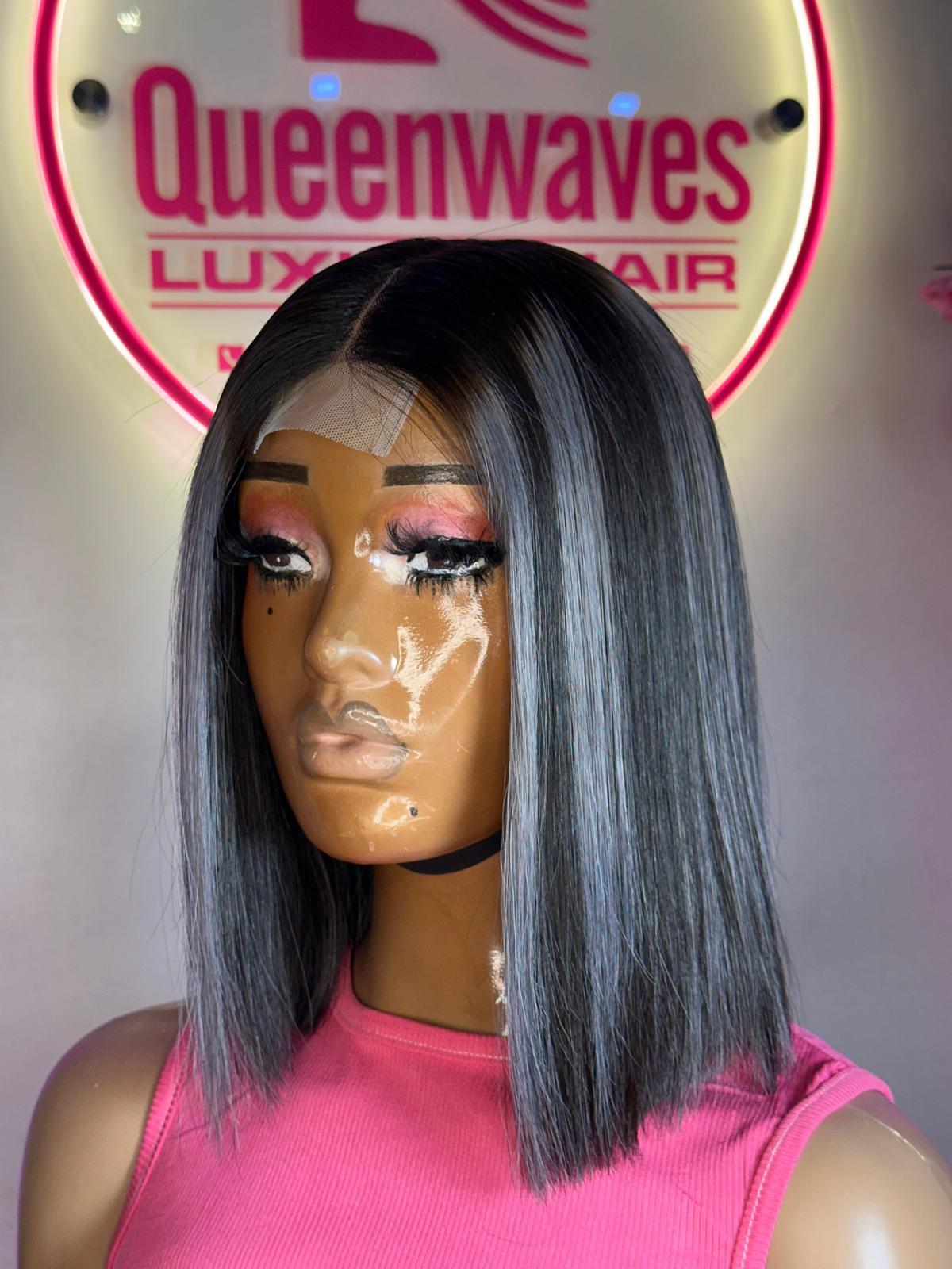 Sleek Bob Lace Wig – Natural Black with Ash Highlights | 100% human hair