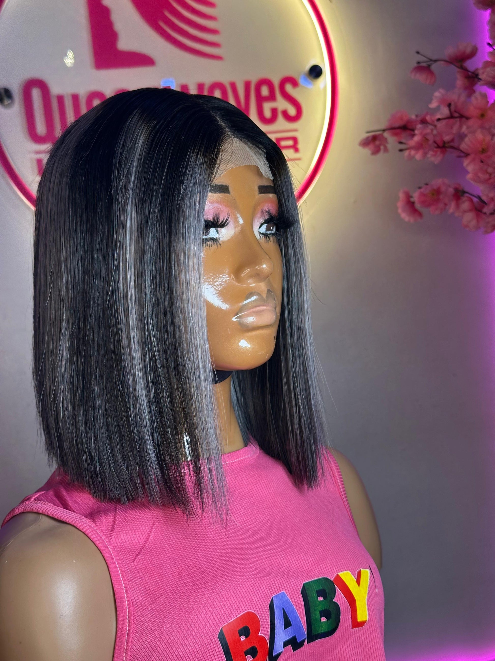 Sleek Bob Lace Wig – Natural Black with Ash Highlights | 100% human hair