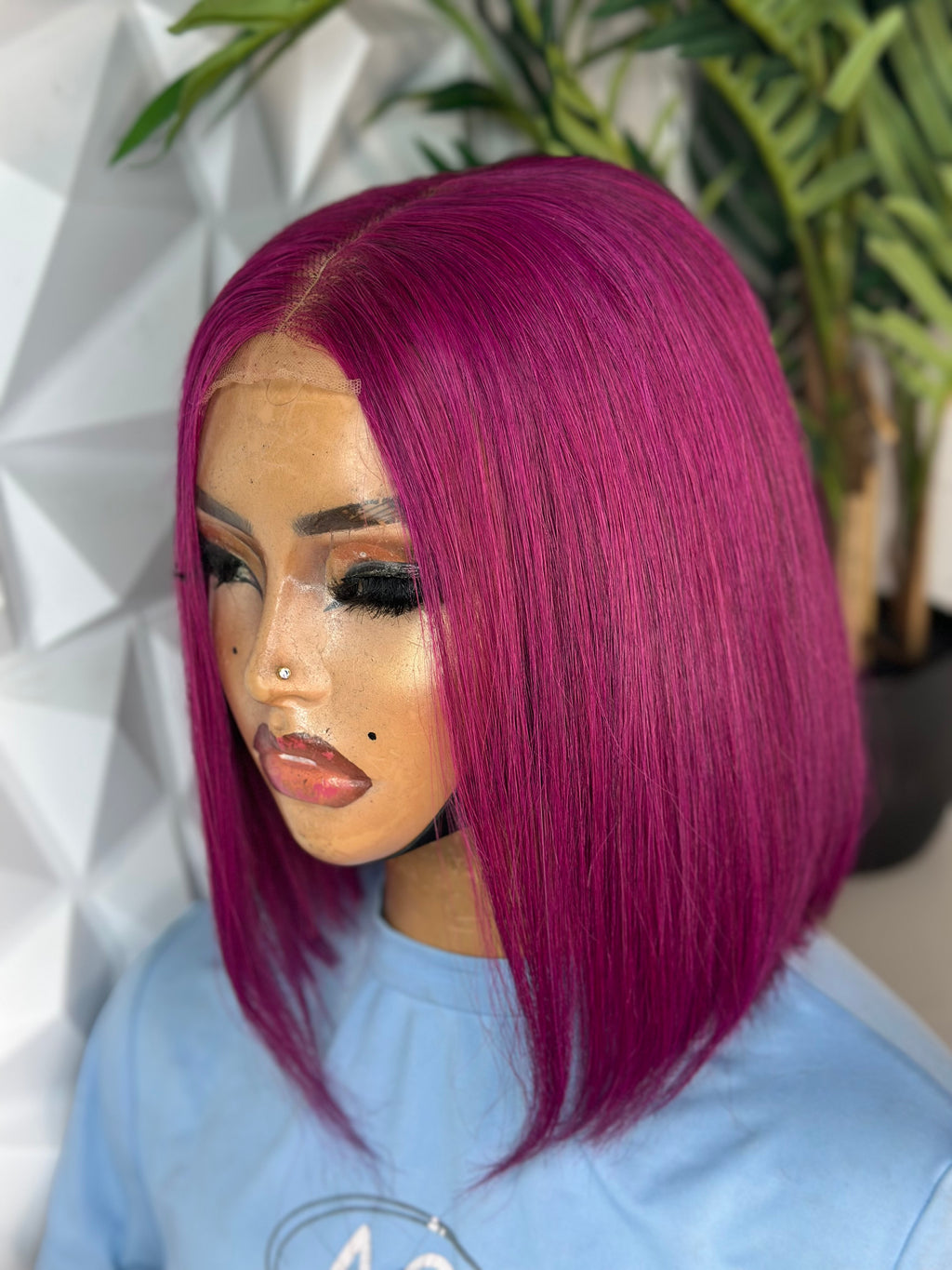 💎 10” Magenta Vietnamese Bone Straight Wig.