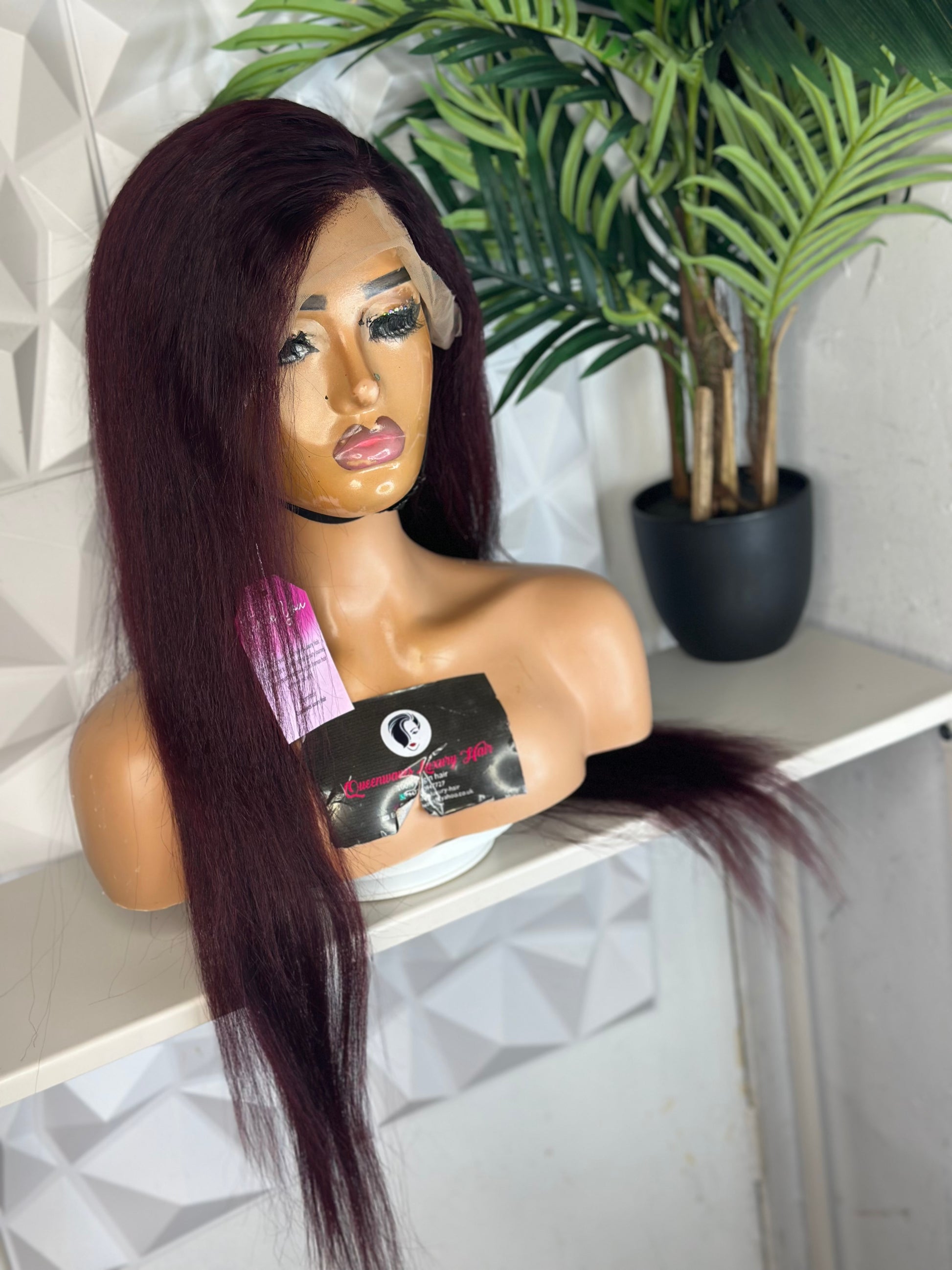 Burgundy Kinky Straight Wig – 30” | 13x4 Transparent Lace Frontal