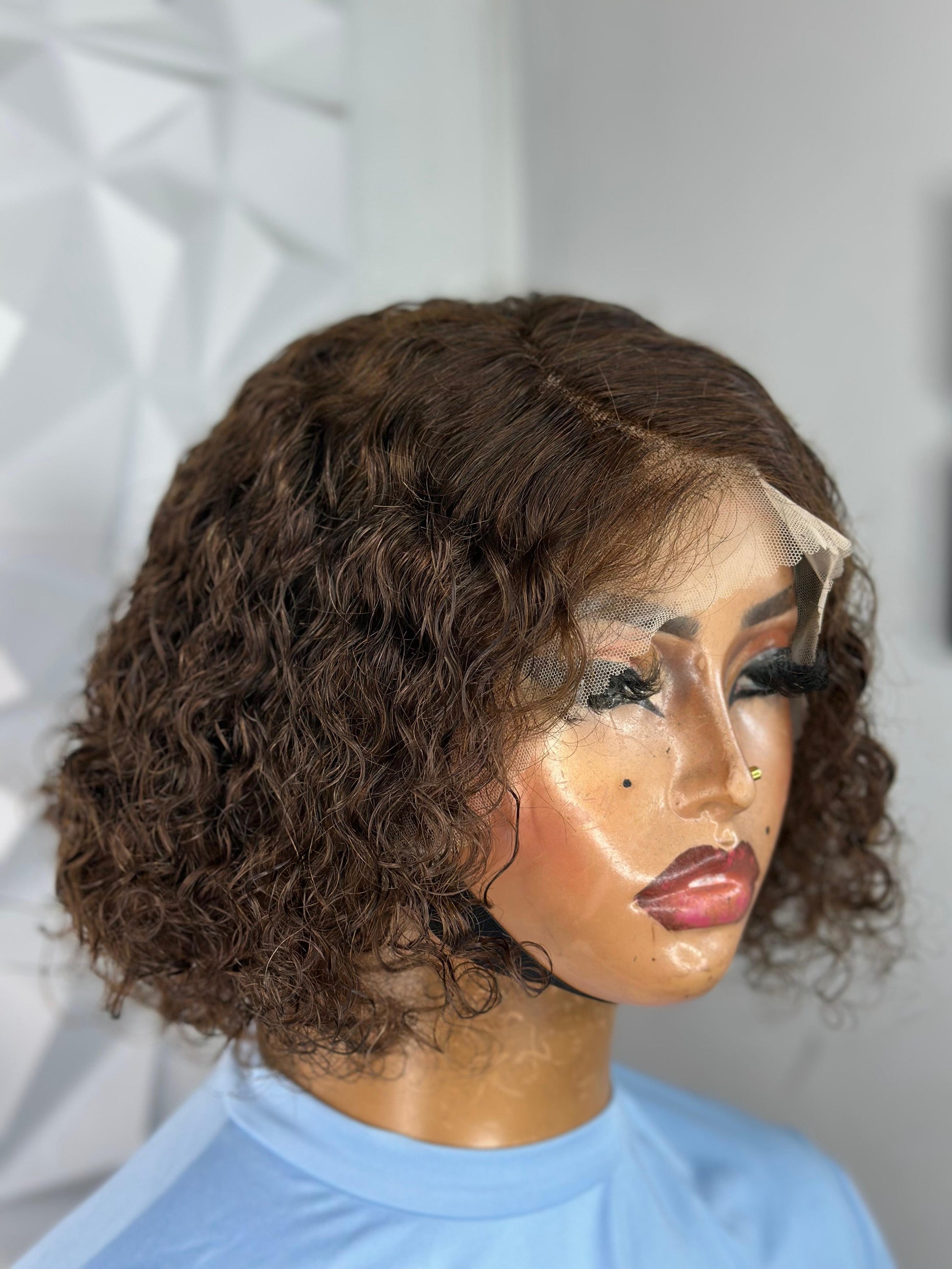 Short water curly brown wig| 100% human hair