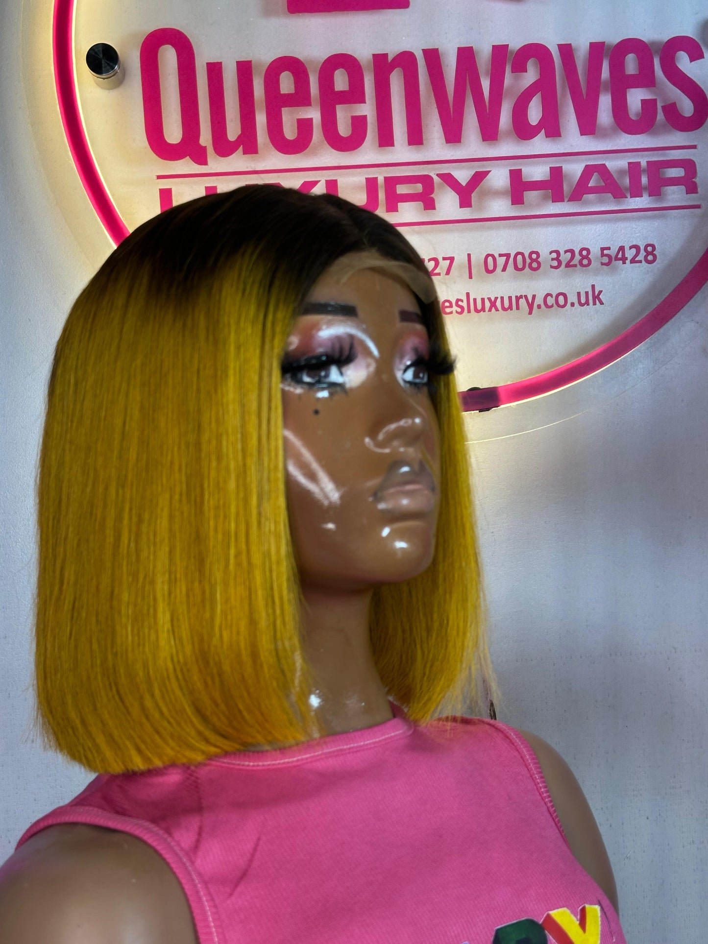 12” Yellow-Brown Ombré Closure Wig – Bone Straight | 100% Human Hair