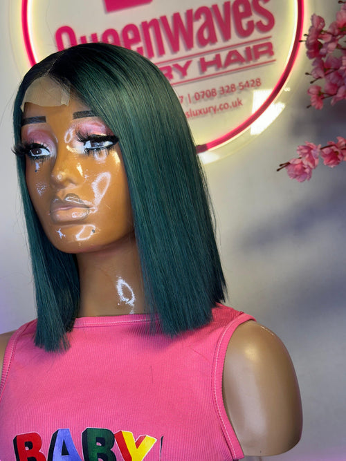 12” Emerald Green Straight Bob Wig – Black Root, 180g, 100% Human Hair
