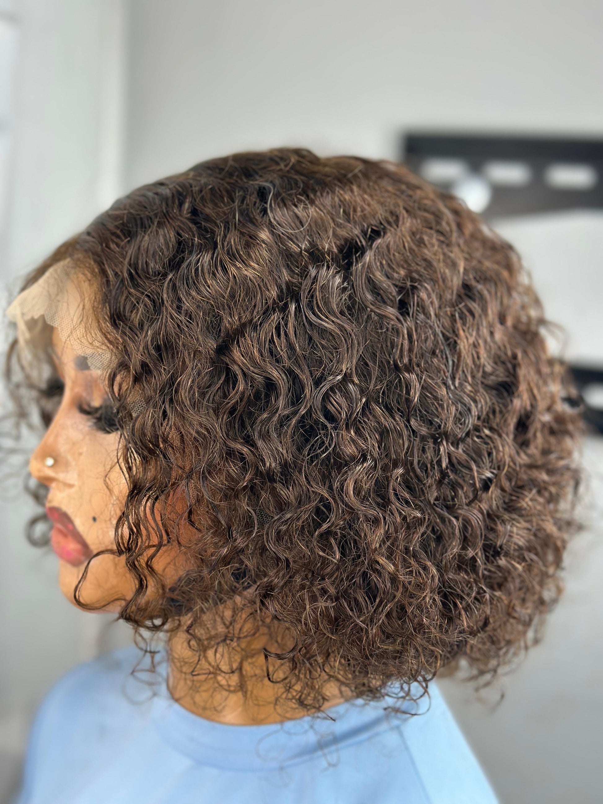Short water curly brown wig| 100% human hair