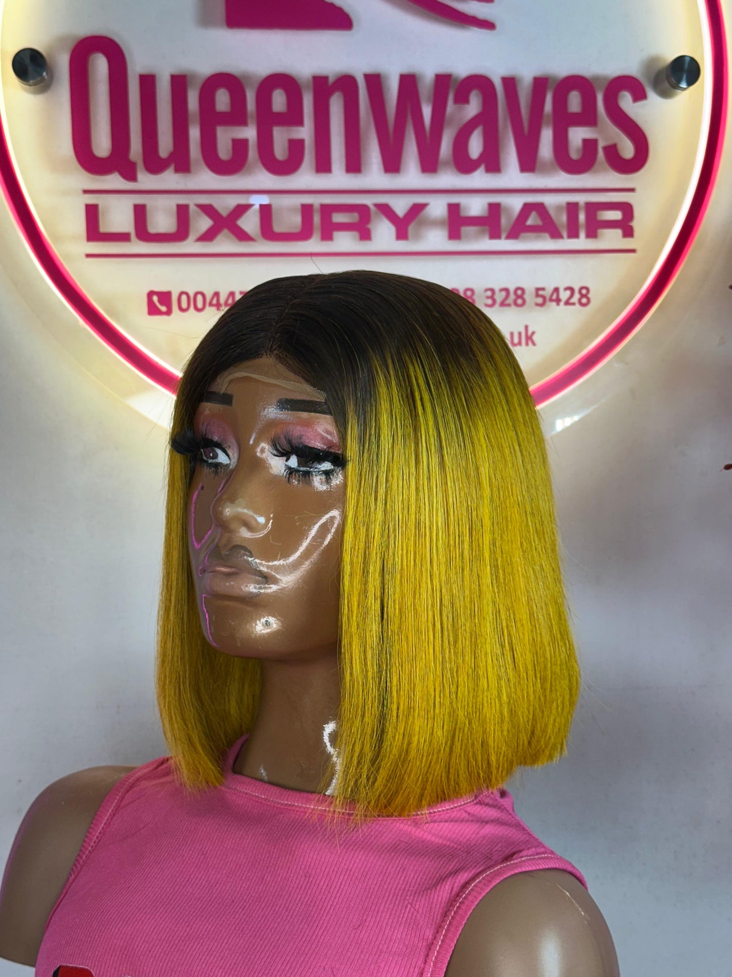 12” Yellow-Brown Ombré Closure Wig – Bone Straight | 100% Human Hair