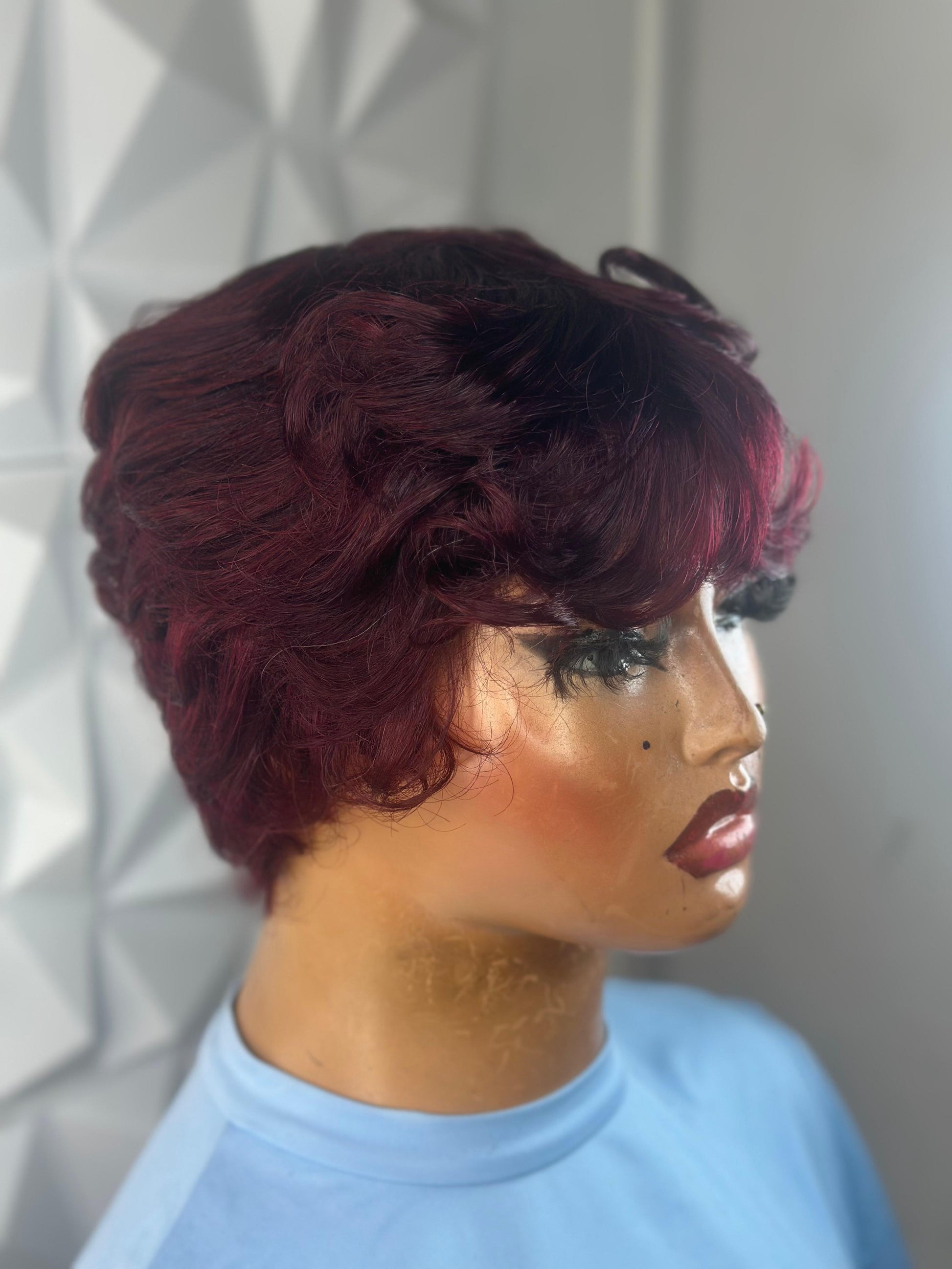 Sleek Tapered Pixie Wig – Burgundy, 100% Human Hair