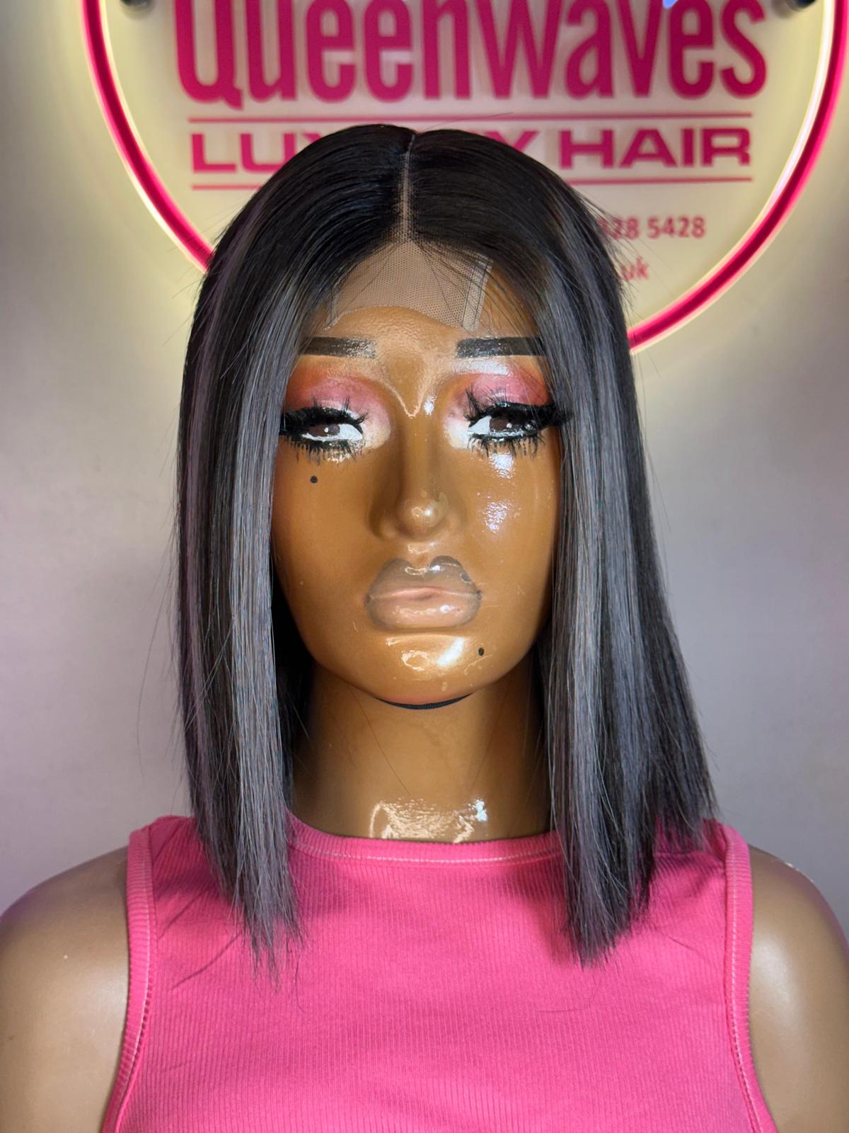 Sleek Bob Lace Wig – Natural Black with Ash Highlights | 100% human hair