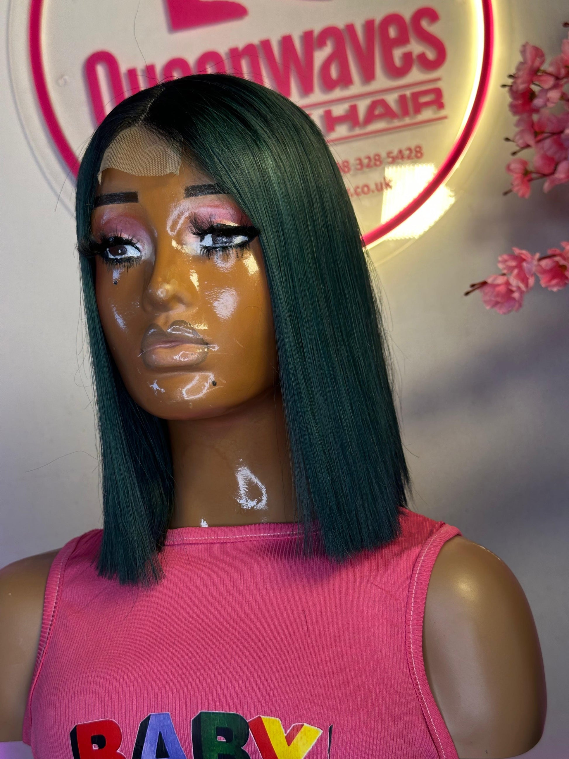 12” Emerald Green Straight Bob Wig – Black Root, 180g, 100% Human Hair