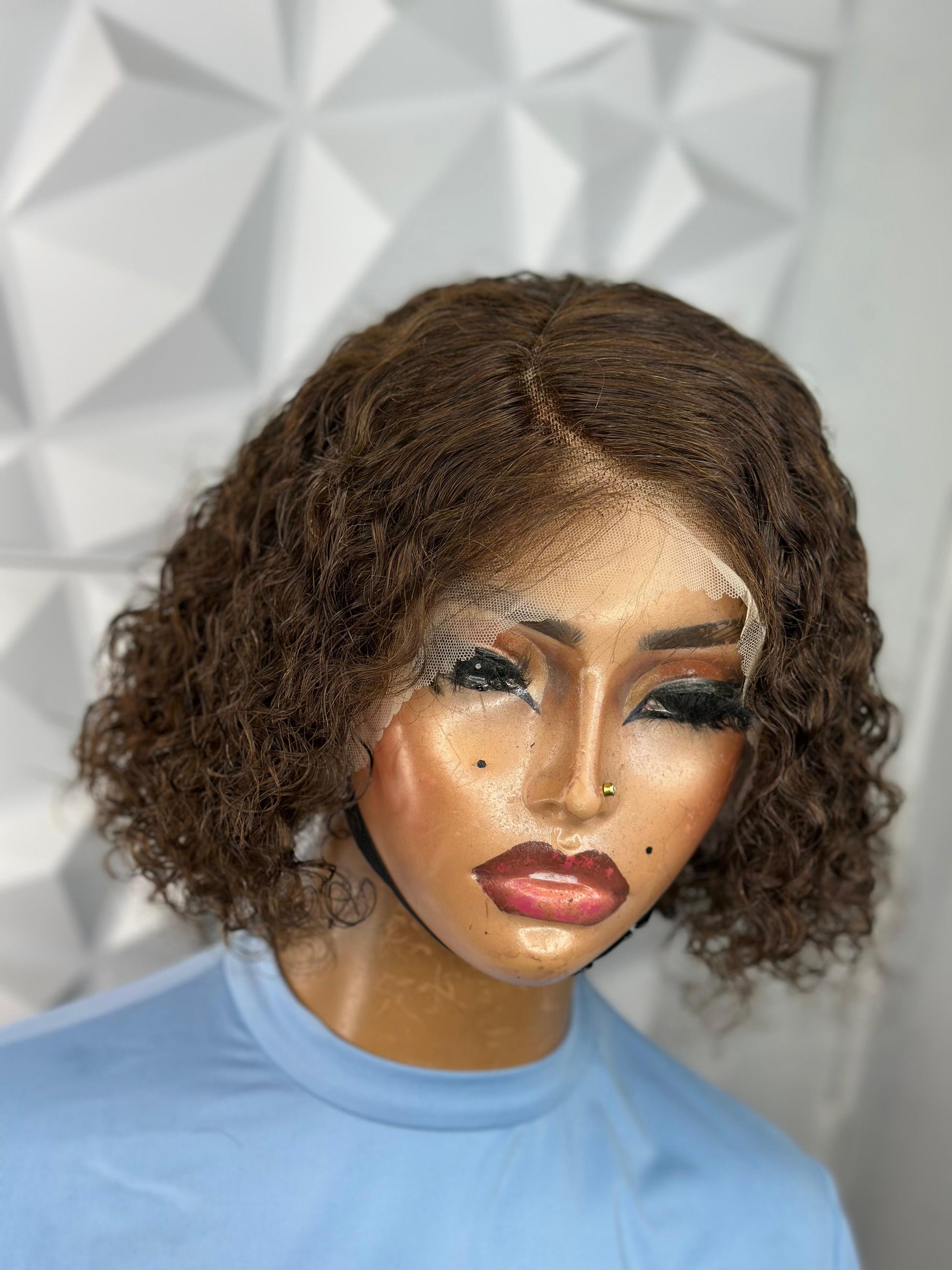 Short water curly brown wig| 100% human hair